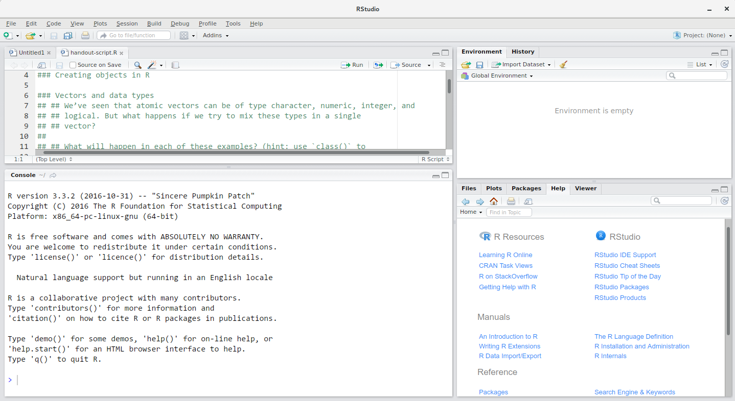 RStudio interface screenshot. Clockwise from top left: Source, Environment/History, Console, Files/Plots/Packages/Help/Viewer.